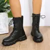 Botas de Talla Grande para Mujer de Comercio Exterior 2026 Otoño/Invierno Nuevas Punta Redonda con Cordones Tacón Grueso Tacón Bajo Botas Martin Botines de Motocicleta para Mujer