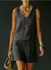 2026 Verano Nuevo Estilo Casual Sin Mangas Lino Algodón Top Chaleco Pantalones Cortos Conjunto de Dos Piezas para Mujer Personalización