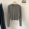 Suéter Básico de Malha Trançada de Manga Longa com Gola Redonda de Cor Sólida para Mulheres Outono Inverno Versátil Curto Cropped Cintura Marcada Emagrecedor Roupa de Baixo Pulôver