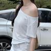 Camiseta de Verano para Mujer, Estilo Perezoso con Rayas Teñidas en Hilo, Rayas Azules, Hombro Caído, Manga Corta, Corte Ajustado, Envío Directo