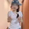 Camiseta de Manga Corta con Cuello Cuadrado de Encaje y Lazo Estilo Coreano para Mujer, Top de Verano de Alta Gama con Mangas Abullonadas para un Look Adelgazante