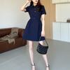 Vestido Francés de Hija Estilo Dama Azul Cuello Polo Verano Petite Elegante Cintura Adelgazante Look Falda Línea A