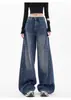 Jeans retro americanos rasgados de guadaña para mujer, otoño y verano, con un diseño elegante, corte holgado, adelgazantes, pantalones de guadaña de pierna ancha hasta el suelo