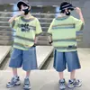 Conjunto de Verano de Marca de Moda para Niños Shorts de Mezclilla de Manga Corta Conjunto de Dos Piezas para Niños Mayores Estampado de Letras Elegante Estilo Deportivo de Verano