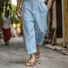 Pantalones de hombre transfronterizos nuevos, Pantalones de verano, Pantalones de algodón y lino, Cintura elástica con cordón, Rectos de color liso, Cómodos y transpirables