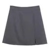 Falda midi gris de línea A, anti-exposición, de cintura alta, con abertura, diseñada para mujeres petite, falda corta elegante para el verano