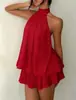 Ropa de Mujer Transfronteriza Europea y Americana de Vacaciones Adelgazante Sexy Espalda Descubierta Cuello Halter Corbata en la Cintura Top Falda Corta Esponjosa Vestido