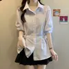 Camisa feminina elegante azul listrada estilo francês de manga curta, verão plus size 2026, top novo slim-fit que afina a cintura