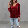 Moda europea y americana transfronteriza: Nueva colección de otoño 2026 de ropa para mujer - Top/camisa de manga larga, cuello en V, con ribete de encaje, de terciopelo, casual, corte holgado