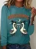 Nova T-shirt Estampada de Manga Longa com Desenho de Fantasma Cartoon para Halloween Feminina Gola Redonda Solta Casual Estilo Outono Inverno