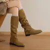 Botas altas de otoño e invierno vintage con hebilla de correa cruzada, botas western de talla grande, botas de montar versátiles de tubo alto y punta redonda