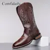 Botas Martin Retro Americanas Masculinas Outono Inverno Botas de Trabalho Cowboy Ocidental Bordado Botas Longas Zíper Lateral Cano Alto Botas de Montaria