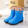 Botas de goma forradas color caqui para otoño e invierno, zapatos de agua de caña media y corta, botas de lluvia para mujer para exteriores, botas de lluvia sin cordones de altura media, botas de agua para limpieza