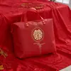 Saco de armazenamento de colcha de dote de casamento, conjunto de quatro peças estilo chinês, bolsa de ombro, saco de embalagem, saco de colcha de algodão vermelho brilhante