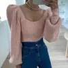 Suéter de malha feminino de alta qualidade de Dongdaemun, Coreia, com gola quadrada, decote que mostra a clavícula, mangas bufantes tipo lanterna, de manga longa
