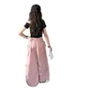 Conjunto de Roupa de Trabalho para Meninas 2026 Novo Estilo Crianças Celebridade da Internet Estiloso Manga Curta com Letras Calças de Perna Larga Conjunto Solto