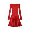 Vestido de Punto Sexy de Manga Larga Off-Shoulder con Cuello de Una Línea para Mujer Elástico Ajustado Ropa Exterior Silueta Plisada Falda Corta de Paraguas