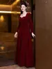 Vestido de Noche de Novia y Compromiso de Terciopelo Estilo Francés con Mangas Largas y Escote Cuadrado Vestido Largo de Gama Alta Vestido Línea A para Mujer