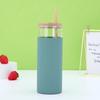 Vaso de paja transfronterizo con tapa de bambú, pajita de bambú, funda de silicona, anti-quemaduras, color sólido, borosilicato alto, transparente, resistente a altas temperaturas, vaso de agua
