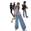 Pantalones a cuadros azul dopamina juveniles cuidadosamente seleccionados para mujer, pantalones de pierna ancha rectos holgados finos de verano, estilo casual perezoso