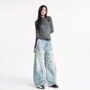 Roupas Femininas de Seda Laranja # Design Retrô Costurado Lavado Jeans Scimitar Solto Casual Estilo Americano Desgastado Calças de Perna Larga