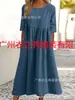 Amazon Transfronterizo Europeo y Americano Tallas Grandes Ropa para Mujer Vestido de Manga Media Plisado con Costuras Retro de Algodón, Lino y Lino