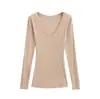 Camiseta Fina de Manga Longa, Comprimento Médio, Decote em Coração Estilo Europeu e Americano, Garota Picante, Versátil, Slim Fit, Cor Sólida, Top Básico para Mulheres na Primavera
