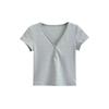 Camiseta feminina de manga curta com decote em V e botões, estilo retrô europeu e americano, slim, cintura alta, curta, com umbigo exposto, top de nicho, verão