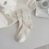 Meias de Primavera e Verão para Mulheres, Meias de Cano Médio com Borda Bolha e Flores Pequenas, Meias Japonesas Sem Costura Enrugadas, Meias Longas Doces e Meninas