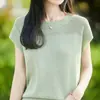 Nueva Camiseta de Punto para Mujer Primavera/Verano 2026, Tencel Lino, Cuello Redondo, Manga Corta, Color Sólido, Calado, Holgada, Capa Base