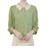 Camisa de verano para mujer de mediana edad y mayor, con cuello de muñeca que reduce la edad, nuevo estilo, color verde que hace que la piel luzca más clara, top de manga media