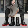 Botas de lluvia estilo coreano de caña media-corta, botas de lluvia de suela acanalada antideslizante gris, botas a prueba de viento estilo jinete, botas de agua negras sin cordones