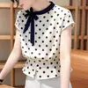 Camisa Manga Curta Elegante e Estilosa com Gravata Borboleta para Mulheres, Novo Design Verão 2026, Blusa Top de Bolinhas Slim-Fit Tendência