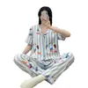 Algodón de Nube Verano Nuevo Cárdigan Solapa Manga Corta Pantalones Chica de Dibujos Animados Dulce Hogar Atuendo traje Pijama