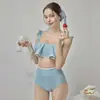 Traje de Banho Três Peças Ruffled de Cintura Alta Estilo 2026 para Seios Pequenos, Simples e Fofo, Esconde a Barriga, Emagrecimento, Adequado para Férias e Fontes Termais
