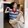 Blusa de Tricô Listrada Color Block de Manga Curta com Gola Polo para Mulheres, Novo Estilo Coreano Casual 2026, Camisa Básica com Manga Flare