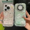 Case de tecido de seda com borda de pena para iPhone 18 Pro/17, com suporte de espelho, nota musical e coração, com gatinho e cachorrinho fofos