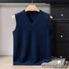 Chaleco de cachemira 100% con cuello en V para hombre, suéter sin mangas de punto grueso, jersey de color liso, top cálido