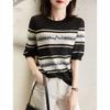 Crochê Oco Curto-manga Longa T-shirt Verão Retro Ocidental-estilo Moda Solta Casual All-match Pullover Ice Silk Camisa de Malha para As Mulheres