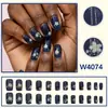 24 Peças de Unhas Postiças Quadradas Curtas Florais Azul Escuro e Branco, Unhas Postiças Prontas, Adesivos de Unha Versáteis da Moda Atacado
