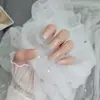 Padrão Prata Unhas Longas Estilo Francês, Manicure Nude Suave e Elegante, 24 Peças de Adesivos de Unha Prontos