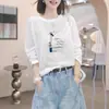 Camisa Fina de Proteção Solar para Mulheres, Novo Estilo Verão 2025, Estampa de Letras, Casual Versátil Slim-Fit Gola Redonda Top Solto