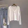 Cardigã de tricô com decote V feminino outono peça externa novo estilo petite cor sólida curto manga longa jaqueta top ins moderno tamanho único