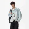 Jaqueta Jeans Azul com Listras Degradê Estilo Retrô Americano Masculina Outono Novo Estilo Divertido Nicho Peça Externa Solta Casal