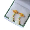 Brincos de Saco de Dinheiro Ruyi com Cadeado Pequeno de Jade Branco Natural de Hotan com Turquesa Natural, Vermelho do Sul e Inlay de Prata de Lei 925