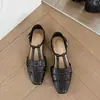 Sandalias tejidas huecas en forma de T para cerdo para mujer, punta cuadrada, suela plana, hebilla lateral, punta cerrada, sandalias romanas, zapatos casuales para mujer de primavera y verano