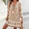 Em Estoque 2025 Camisa Estampada Transfronteiriça Europeia e Americana Exportação Primavera e Verão Casual Boêmia Vestido de Férias com Decote V para Mulheres