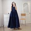 Estilo Japonés Simple Alisado Largo Cuello Redondo Sin Mangas Falda de Mezclilla Suelta Versátil Ajustado Costura Falda Pastel vestido