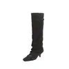 Botas de tacón de gatito apilado estilo supermodelo 2026, piel de ante con hebilla de cinturón, tacón medio delgado, punta cuadrada, botas altas de tubo largas de cuero genuino