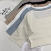 Top de punto de manga corta estilo francés con cuello cuadrado y clavícula expuesta, nueva camiseta de punto de alta gama para mujer para verano